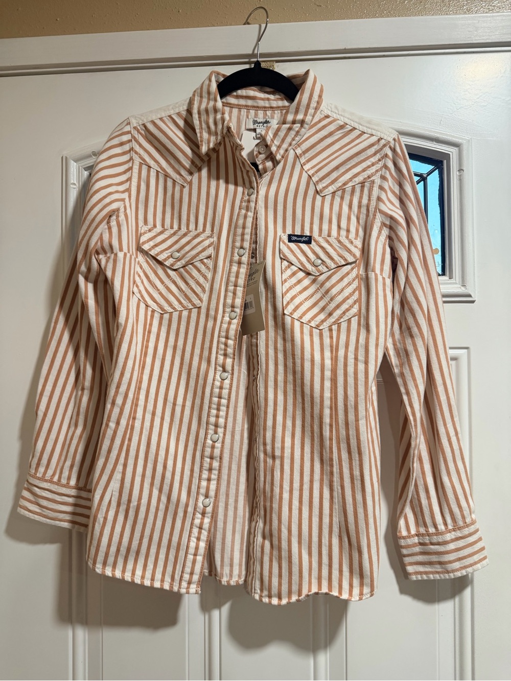 Wrangler retro women’s button down Cream & Tan Striped Western Shirt